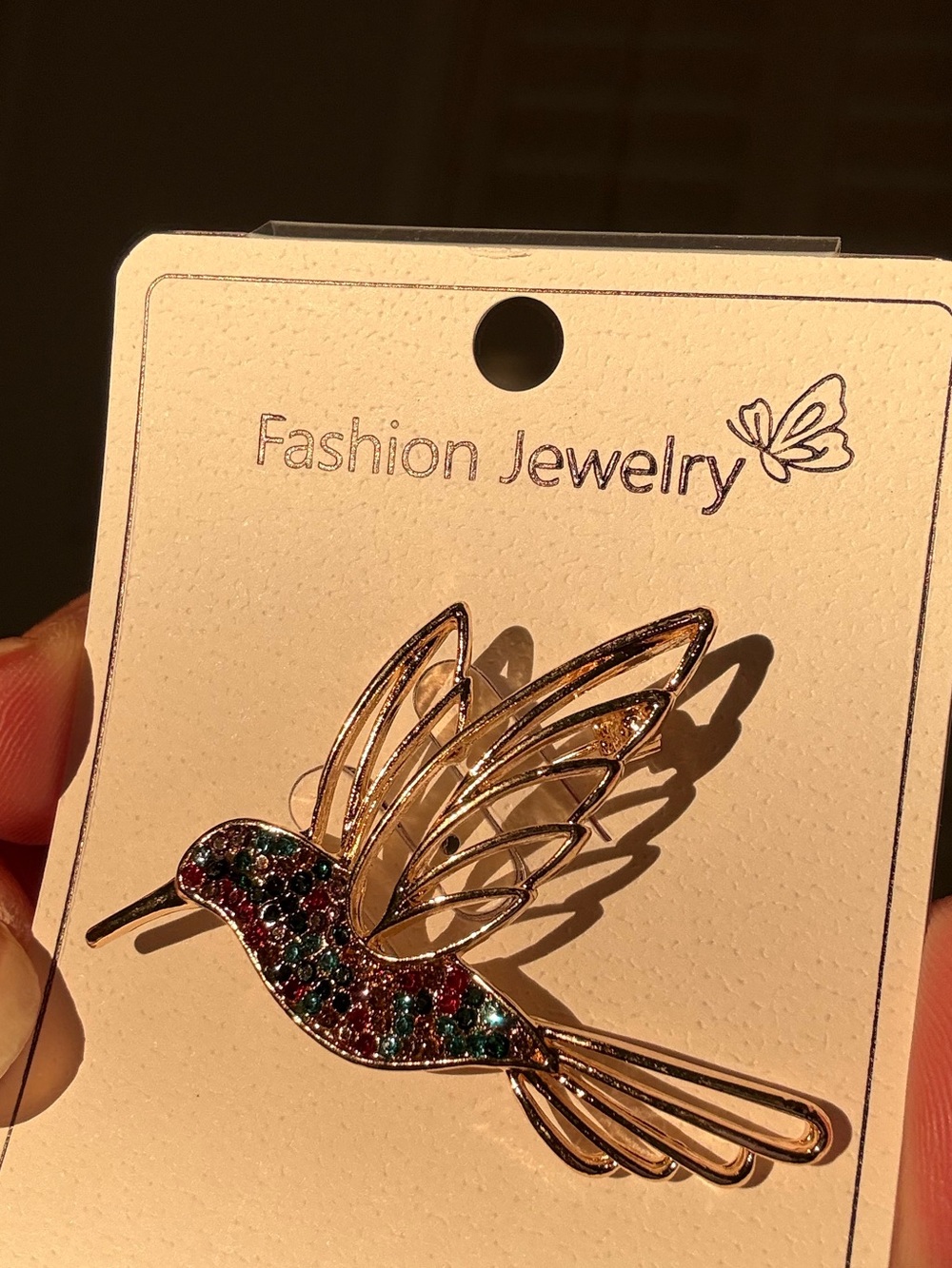 Fashion Jewelry Gold Hummingbird Pin with Multicolor Gems Brooch